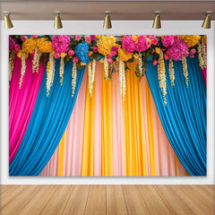 Lofaris Toile de Fond Scène Florale Vibrante, Rideaux Rose Bleu Jaune avec Entête de Fleurs