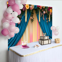 Lofaris Toile de Fond Scène Entête de Rose, Rideaux Sarcelle et Pastel avec Guirlandes