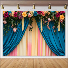 Lofaris Toile de Fond Scène Entête de Rose, Rideaux Sarcelle et Pastel avec Guirlandes
