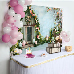 Lofaris Toile de fond maison de roses Pâques, Fond photographique jardin de printemps bleu et œufs à motifs