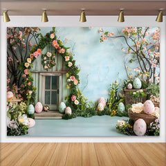 Lofaris Toile de fond maison de roses Pâques, Fond photographique jardin de printemps bleu et œufs à motifs