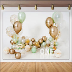 Lofaris Toile de fond Cake Smash premier anniversaire ballons or et vert sauge, Fond fête garçon fille lettres blanches ONE