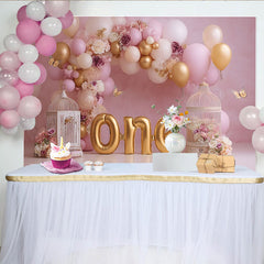 Lofaris Toile de fond Cake Smash premier anniversaire ballons or rose, Fond de fête fille papillon cage à oiseaux florale ONE