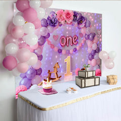 Lofaris Toile de fond Cake Smash premier anniversaire ballons violet rose, Fond fête fille lettres métallisées florales ONE