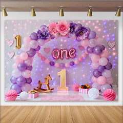 Lofaris Toile de fond Cake Smash premier anniversaire ballons violet rose, Fond fête fille lettres métallisées florales ONE
