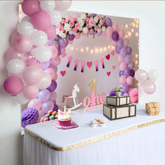Lofaris Toile de fond Cake Smash premier anniversaire ballons violet rose, Fond fête fille guirlande lumineuse panneau floral ONE