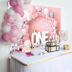 Lofaris Fond Winter ONEderland Cake Smash Arche Ballons Rose Blanc et Ours
