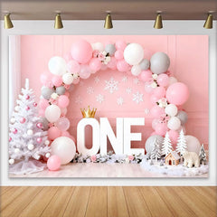 Lofaris Fond Winter ONEderland Cake Smash Arche Ballons Rose Blanc et Ours