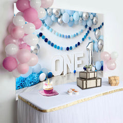 Lofaris Fond Cake Smash Bleu et Argent Signe ONE et Guirlande de Pompons