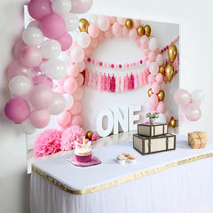 Lofaris Toile de Fond Cake Smash Rose et Or Signe ONE et Guirlande Glands