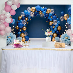 Lofaris Fond Portrait Garçon Arche Ballons Bleu Royal et Or Étoiles Or