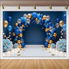 Lofaris Fond Portrait Garçon Arche Ballons Bleu Royal et Or Étoiles Or
