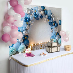Lofaris Fond Cake Smash Brique Blanche Ballons Bleu et Argent Sol en Bois