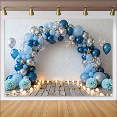 Lofaris Fond Cake Smash Brique Blanche Ballons Bleu et Argent Sol en Bois