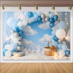 Lofaris Fond Photo Cake Smash Guirlande Ballons Bleu Argent Ciel et Nuages
