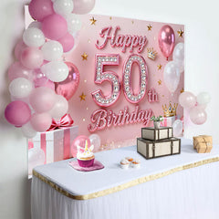 Lofaris Fond 50 ans Joyeux Anniversaire Ballons Roses Étoiles Or et Diamant