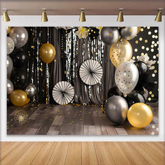 Lofaris Fond Cake Smash Noir Or Argent Ballons et Effet Bokeh Étincelant