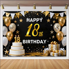 Lofaris Fond 18 ans Joyeux Anniversaire Or Gâteau Blanc et Ballons Dorés