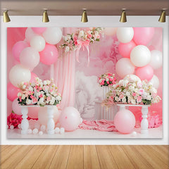 Lofaris Fond Cake Smash Arche Florale Rose Ballons Blancs et Draperies