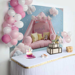 Lofaris Fond Smash Cake Bébé Lit Tente Rose et Ours, Arrière-plan Photographie Bébé Ciel Bleu Nuages et Étoiles
