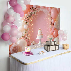 Lofaris Fond Mariage Arche Florale Ballons Roses, Arrière-plan Photographie Fête Gâteau Blanc et Guirlandes