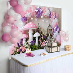 Lofaris Fond Printemps Champignon Rose et Cage Oiseau, Arrière-plan Fête Anniversaire Fille Arche Ballons