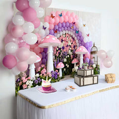 Lofaris Fond Printemps Champignon Rose Mur Floral, Arrière-plan Fête Anniversaire Arche Violete et Papillons