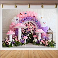 Lofaris Fond Printemps Champignon Rose Mur Floral, Arrière-plan Fête Anniversaire Arche Violete et Papillons