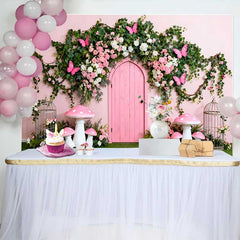 Lofaris Fond Printemps Porte Rose et Arche Papillons, Arrière-plan Fête Anniversaire Champignon Enchanté