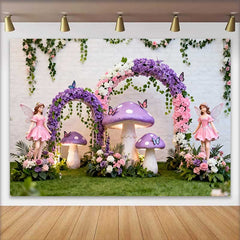 Lofaris Fond Printemps Champignon Violet Arche Fleurs, Arrière-plan Anniversaire Forêt Enchantée Filles