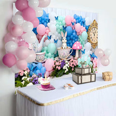 Lofaris Fond Pâques Horloge Vintage Lapin Tea Party, Arrière-plan Photographie Arche Ballons Pastel