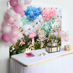 Lofaris Fond Pâques Lapin Tea Party Horloge Vintage, Arrière-plan Photographie Ballons Pastel et Papillons