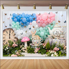Lofaris Fond Pâques Lapin Tea Party Horloge Vintage, Arrière-plan Photographie Ballons Pastel et Papillons