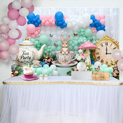 Lofaris Fond Pâques Lapin Tasse et Horloge Vintage, Arrière-plan Printemps Tea Party Ballons Pastel