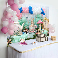 Lofaris Fond Pâques Lapin Tasse et Horloge Vintage, Arrière-plan Printemps Tea Party Ballons Pastel