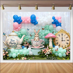 Lofaris Fond Pâques Lapin Tasse et Horloge Vintage, Arrière-plan Printemps Tea Party Ballons Pastel