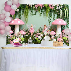 Lofaris Fond Printemps Champignon Rose Géant et Fée, Arrière-plan Anniversaire Forêt Enchantée Florale