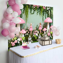 Lofaris Fond Printemps Champignon Rose Géant et Fée, Arrière-plan Anniversaire Forêt Enchantée Florale