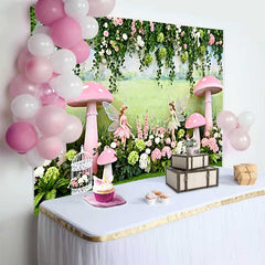 Lofaris Fond Printemps Prairie Féerique Champignon Rose, Arrière-plan Anniversaire Fille Forêt Enchantée