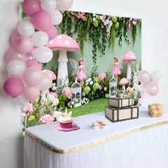 Lofaris Fond Printemps Fée et Champignon Rose, Arrière-plan Anniversaire Fille Forêt de Vignes Florales