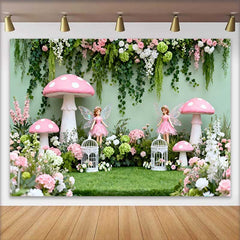 Lofaris Fond Printemps Fée et Champignon Rose, Arrière-plan Anniversaire Fille Forêt de Vignes Florales