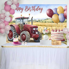 Lofaris Fond Anniversaire Tracteur Rouge Aquarelle, Arrière-plan Fête Garçon Ballons Ferme et Gâteau