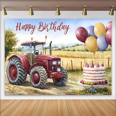 Lofaris Fond Anniversaire Tracteur Rouge Aquarelle, Arrière-plan Fête Garçon Ballons Ferme et Gâteau