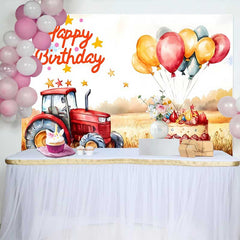 Lofaris Fond Anniversaire Ferme Tracteur Rouge, Arrière-plan Photographie Garçon Champ de Blé Ballons