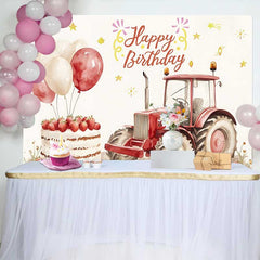 Lofaris Fond Anniversaire Tracteur Rouge et Gâteau, Arrière-plan Fête Garçon Ballons de Ferme