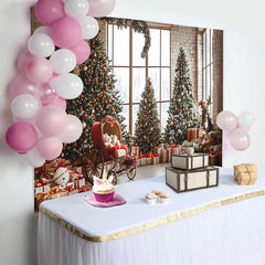 Lofaris Fond Noël Pièce Vintage Sapin, Arrière-plan Fête Hiver Ours en Peluche et Calèche