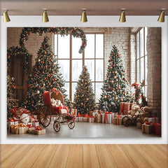 Lofaris Fond Noël Pièce Vintage Sapin, Arrière-plan Fête Hiver Ours en Peluche et Calèche