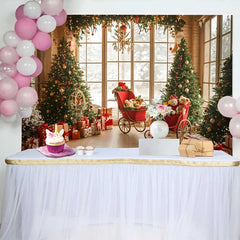 Lofaris Fond Noël Fenêtre Vintage Sapin, Arrière-plan Fête Hiver Calèche Rouge et Ours en Peluche