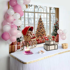 Lofaris Fond Photographie Noël, Scène Fenêtre Hiver sous la Neige avec Poussette Rouge et Oursons