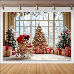 Lofaris Fond Photographie Noël, Scène Fenêtre Hiver sous la Neige avec Poussette Rouge et Oursons